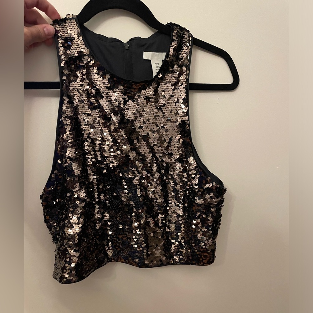 Sparkly gun metal / charcoal sequin high neck top perfect for NYE